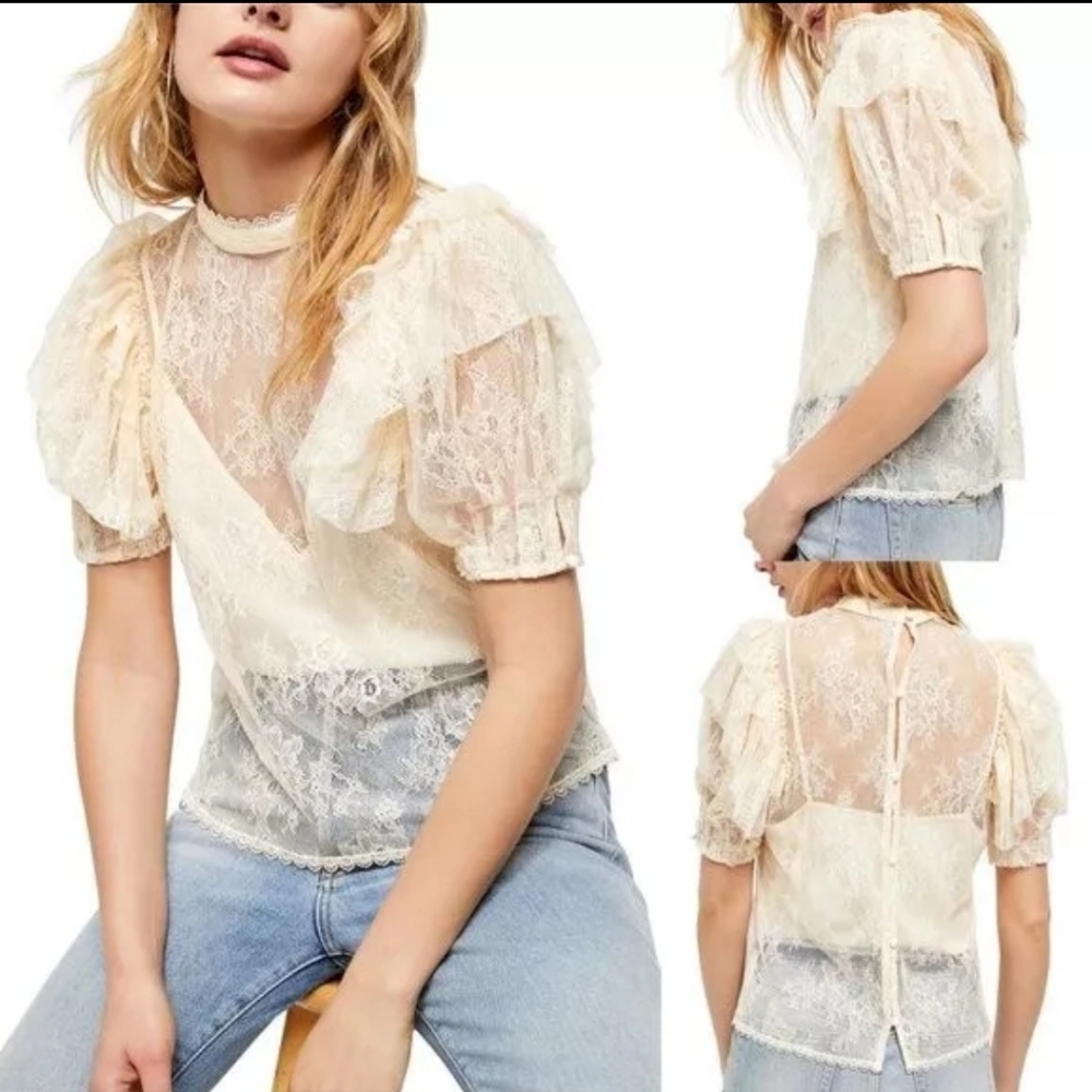 Free People Eggnog lace secret admirer mock neck top